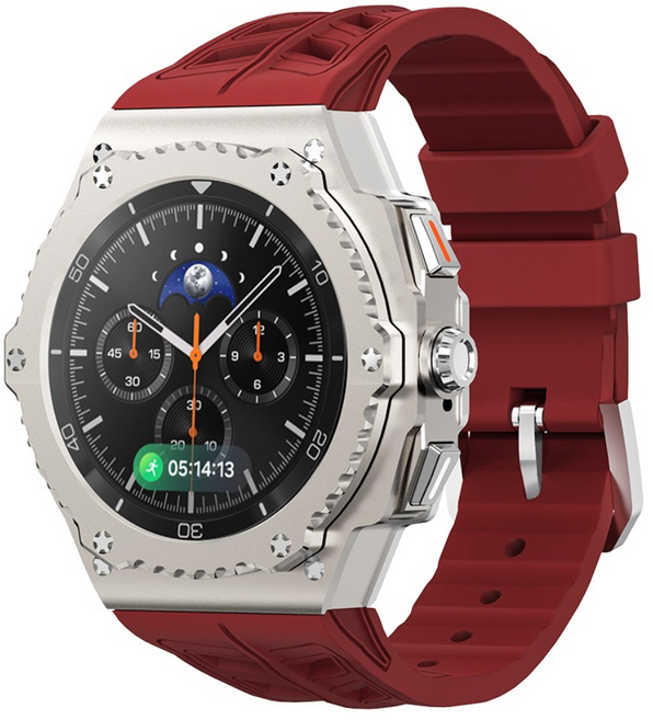 갤럭시워치8 클래식 스트랩 액정 케이스 메탈 아연 베젤 회전식 실리콘 일체형 밴드, 티타늄 쉘 + 빨간색 스트랩