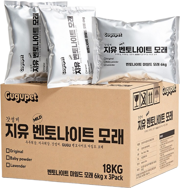 구구펫 마일드 벤토나이트 고양이 모래 18kg 대용량, 무향, 3개, 6kg