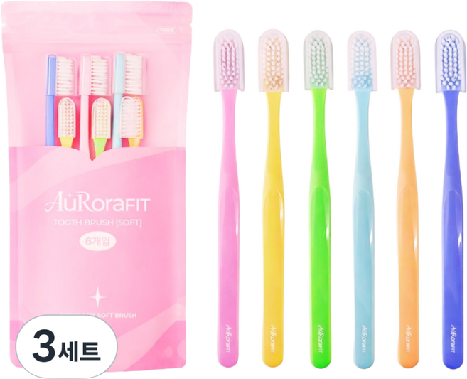 오로라핏 국산 이중 초극세모 칫솔, 3세트, 6개입