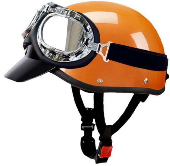 빈티지 헬멧 모터사이클 전기자전거 사계절 공용 안전모, 프리사이즈 55-62 헤드 사이즈, 오렌지 + 모자 챙 + 투명 고글