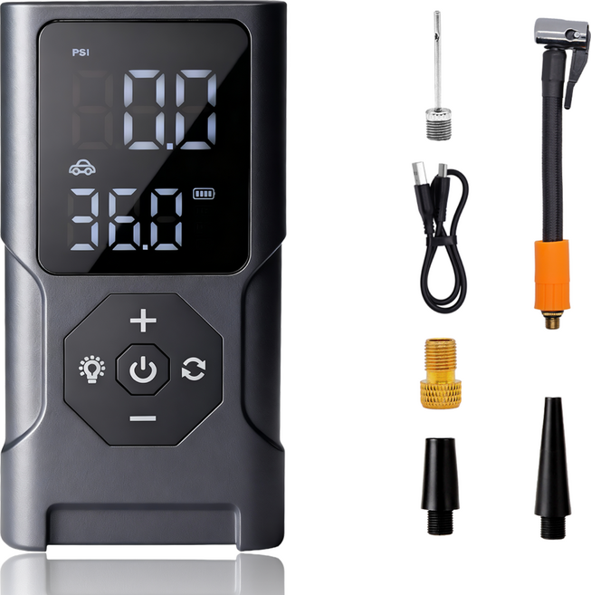 휴대용 무선 공기 주입기 풀세트 LED손전등/보조배터리/자동차/구기류/자전거 오토바이 다용도 에어 펌프 블랙 1세트, black, 1개