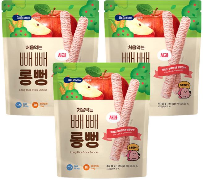 베베쿡 처음먹는 빼빼롱뻥 과자, 사과, 30g, 3개