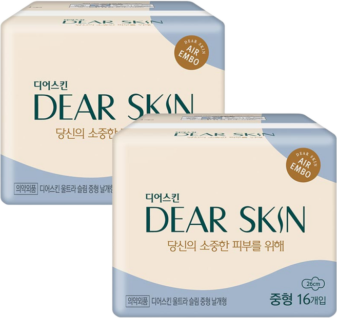 깨끗한나라 디어스킨 에어엠보 중형 생리대 날개형, 2개, 16개입