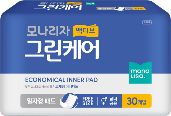 모나리자 액티브 그린케어 일자형 성인패드, 30개입, 1개