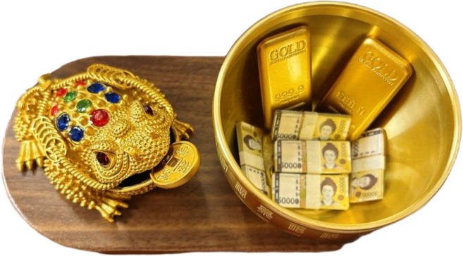 [당일배송] 차차앤코 재물운 돈벼락 황금 삼족두꺼비세트 (황동볼+골드바+미니지폐+호두나무받침대) 신발장 현관 풍수지리, 황금삼족두꺼비세트, 1개