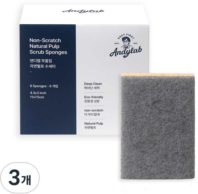 앤디랩 무흠집 자연펄프 양면 수세미, 3개, 6개입
