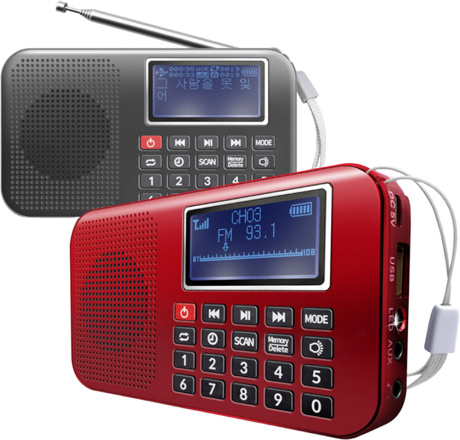 인켈 미니 효도 휴대용 라디오 1000곡포함 가사 지원, 레드