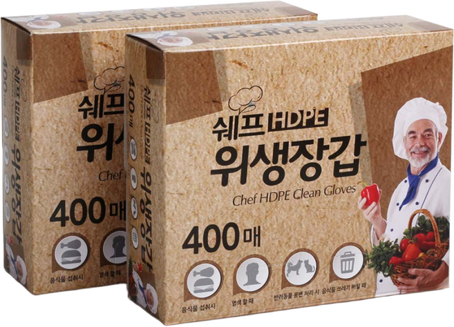 쉐프 위생장갑 HDPE 400매 / 일회용 비닐 장갑 / 위생장갑, 2개