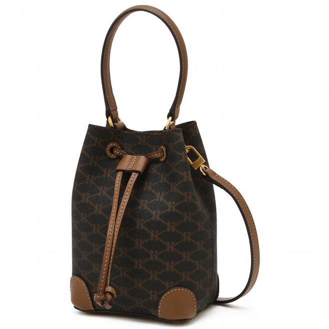 [헤지스][25SS][스테디셀러] 브라운 로고패턴 가죽 미니토트백