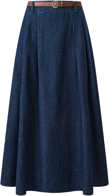 머스트비 여성 벨티드 뒷밴딩 데님 롱스커트