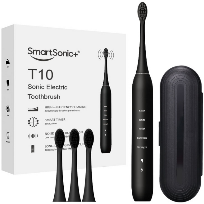 SmartSonic+ T10 음파 전동칫솔 + 칫솔모 4개 + 여행용 케이스 12가지 치아 청결 방안, 1개, 블랙