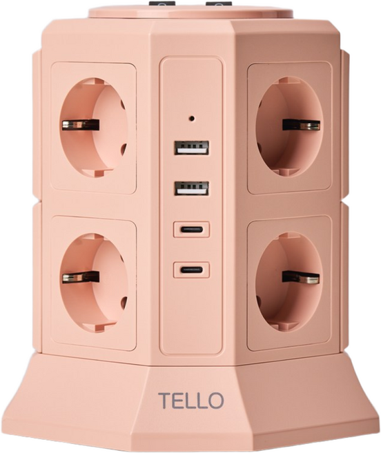 텔로 과부하차단 USB 타워 컬러 멀티탭 12구 KC인증 접지 안전 고급 멀티탭 선정리 가능한 인테리어 예쁜 귀여운 디자인 C타입 콘센트, 2m, 블라썸핑크, 1개