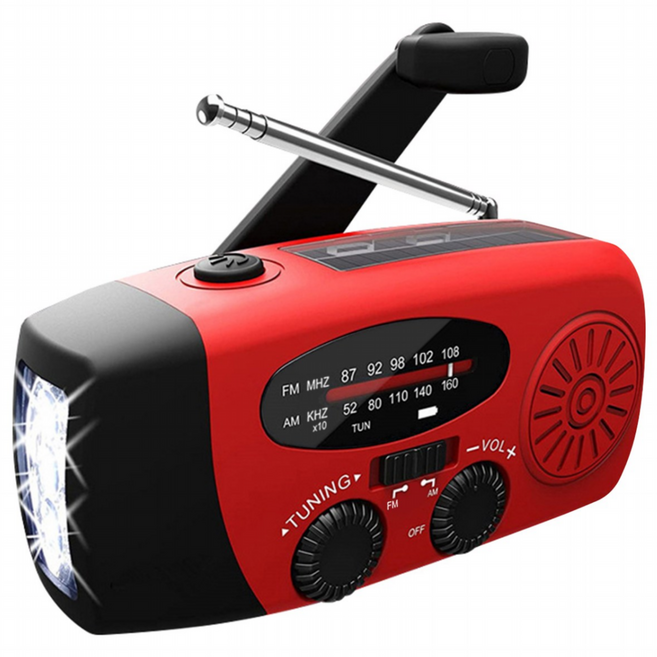 Hc 태양열 휴대용 재난방지 자가발전 크랭크 라디오 자가발전LED랜턴 보조배터리 충전, 레드, 크랭크라디오