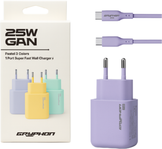 GRYPHON 25W 초고속 충전기 파스텔 3컬러 PD PPS C타입 케이블 포함, 1개, 라벤더