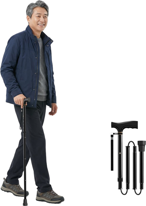 지팡이 어르신지팡이 노인 접이식 원스텝 폴딩 미끄럼 방지 초경량 알루미늄 지팡이 부모님용 가족용 여행용, 블랙, 1개