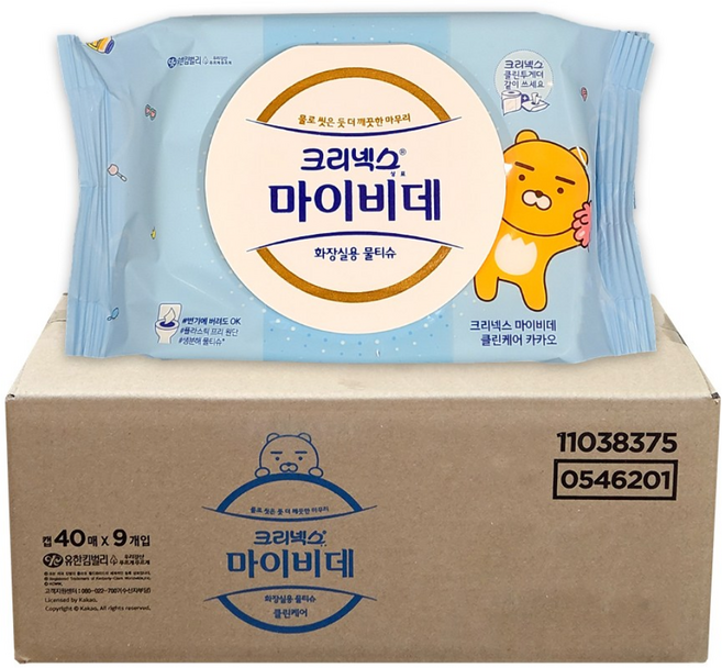 크리넥스 마이비데 카카오 화장실용 물티슈 캡형, 95g, 40매, 9개