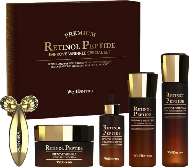 웰더마 레티놀 펩타이드 리프팅 프리미엄 케어 세트 – 에센스 토너 150ml + 앰플 30ml + 에멀전 120ml + 크림 50g + 페이스 리프팅 컴팩트 롤러 (+ 피팅 마스크