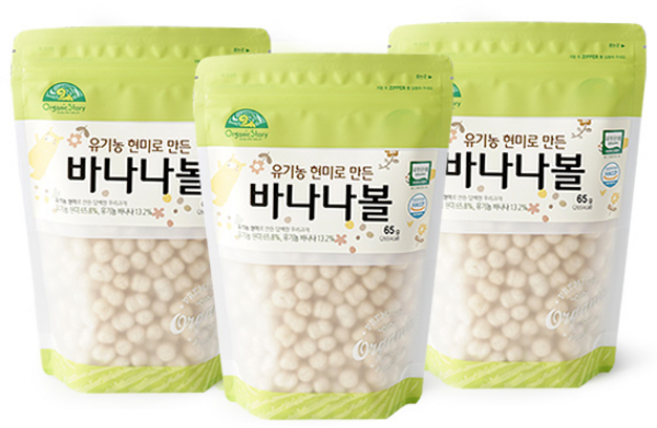 OrganicStory 유기농 현미로 만든 바나나볼 스낵, 65g, 3개