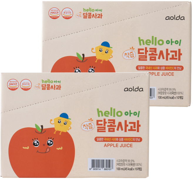 아올다 헬로아이 착즙 달콤사과, 사과맛, 100ml, 20개