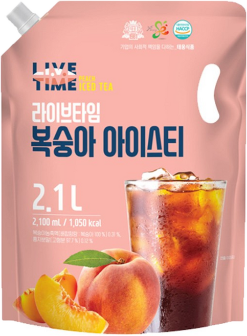 태웅 라이브타임 복숭아아이스티 대용량파우치음료, 2.1L, 2개