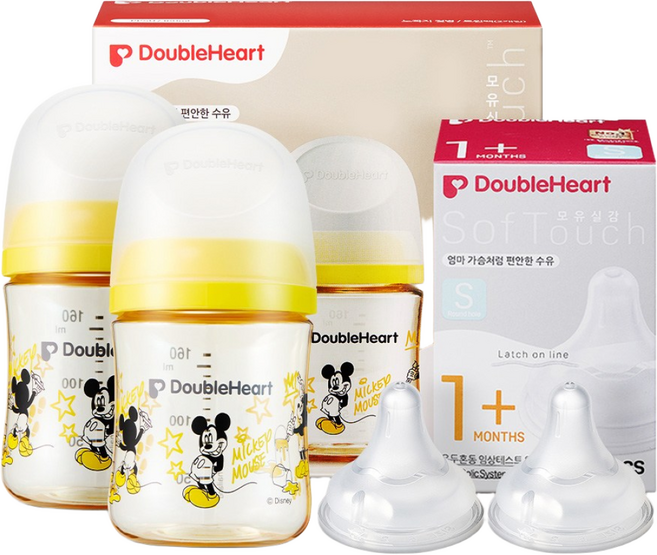 더블하트 모유실감 3세대 PPSU 디즈니 클래식 젖병 트윈팩(노꼭지)+젖꼭지2입, 1세트, 160ml