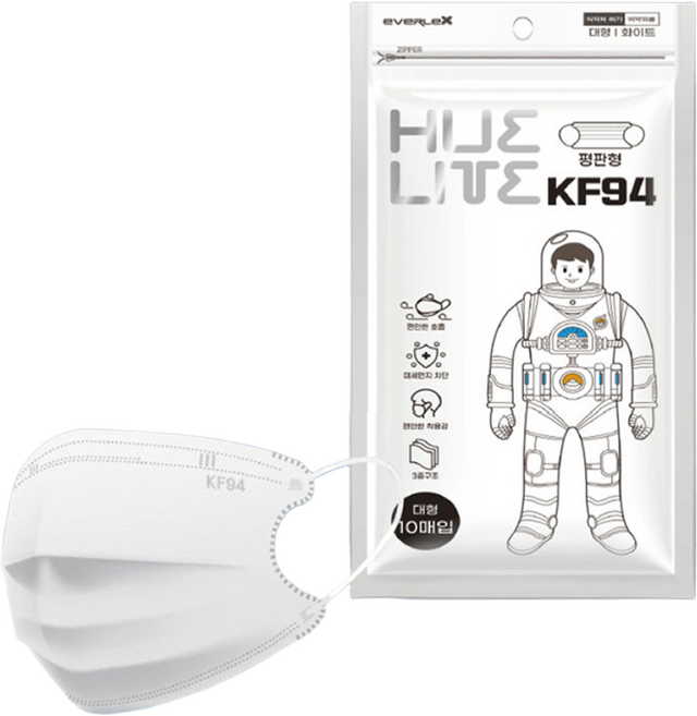 에버렉스 휴라이트 덴탈 KF94 마스크 대형 10매 50매 100매 국산 일회용 여름, 50개입, 1개