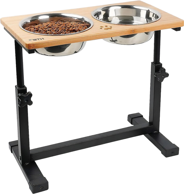 강아지 식탁 애견 사료 식기 대형견 높이 조절 밥 그릇, 1개, 우드&블랙
