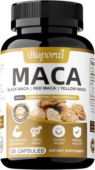 유기농 마카 뿌리 분말 캡슐 1000mg (검정색 빨간색 노란색 페루산 마카 뿌리 추출물 함유) - 남녀 공용 비건 필, 1개, 60정