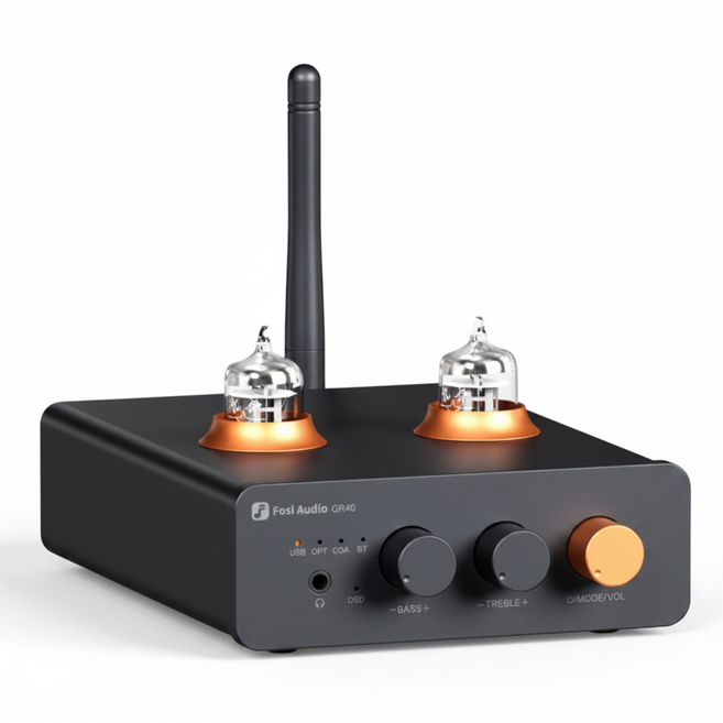 FosiAudio GR40 진공관 프리앰프 오디오 디코더 하이엔드 데스크탑 블루투스 디코딩 이어앰프 올인원, 블랙