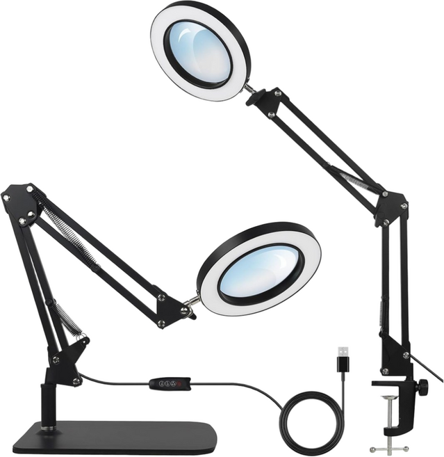 CROTOLO 5배 고배율 조명 확대경 조절 가능한 암 스탠드 중형 2-in-1 금속 베이스 네일아트 및 공예 등 다양한 용도, 블랙, 1개