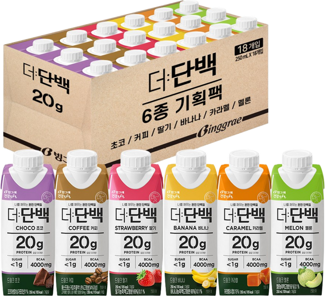 빙그레 더단백 드링크 6종 기획(초코 카라멜 커피 딸기 바나나 멜론) 총 18개, 250ml