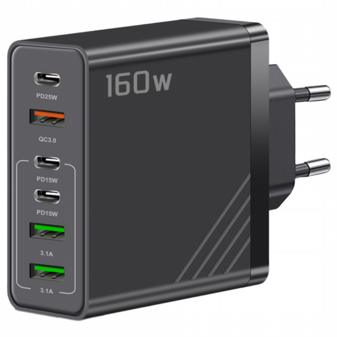 160W 접지 초고속 충전기 6포트 2TYPE-C+2USB+PD+QC 적용애플 아이폰 아이패드 삼성 갤럭시 픽셀 고속 전원 어댑터SJCDBK, 1개, 블랙BK306