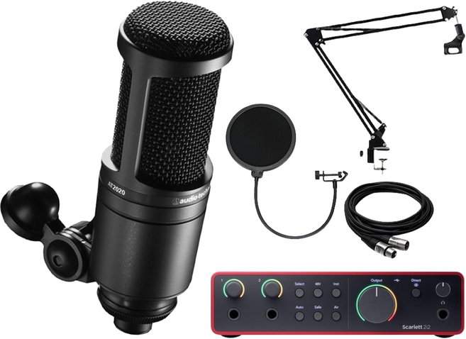 오디오테크니카 AT2020 콘덴서 마이크 포커스라이트 스칼렛 2i2 4세대 오인페, 암스탠드+팝필터+케이블