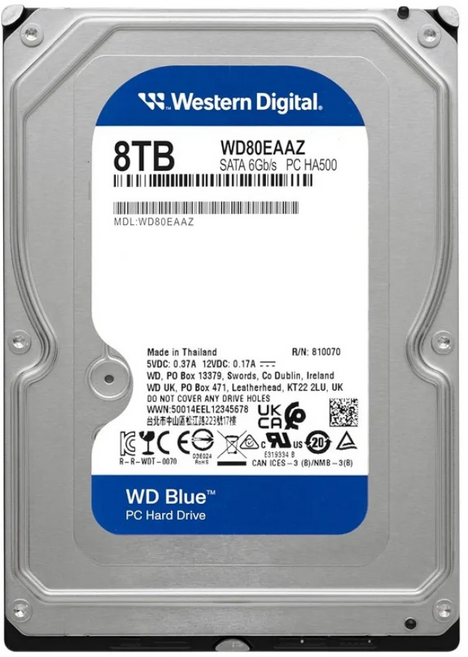 Western Digital 8TB WD 블루 PC 내장 하드 드라이브 HDD - 5640RPM SATA 6Gb/s 256MB 캐시 3.5인치 - WD80EAAZ, 1개