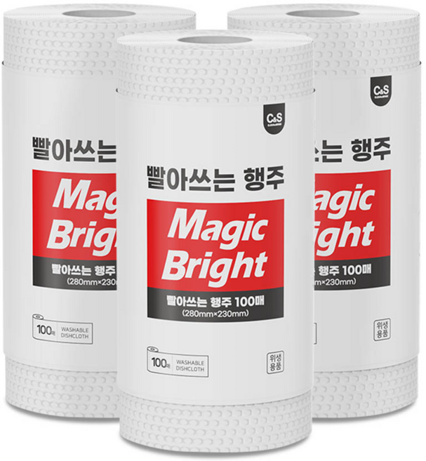 매직브라이트 100매 빨아쓰는 일회용 위생 행주 주방 티슈, 3개, 100개입