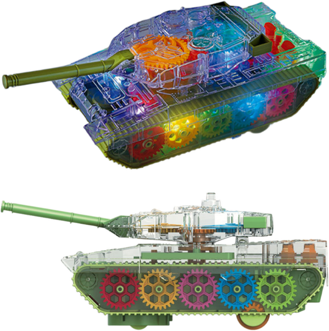 크리스탈 기어 LED 불빛 멜로디 작동완구 장애물 감지 자동 주행 어린이 단체 장난감 선물, 색상랜덤-탱크, 1개, 상세페이지 참조