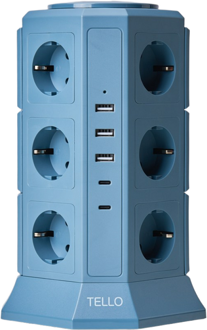 텔로 (에디션) 타워 멀티탭 17구(USB-3 CTYPE-2) KC인증 접지 안전 고급 멀티탭 선정리 가능한 인테리어 귀여운 디자인 예쁜색상, 2m, 딥블루, 1개