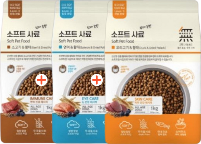 무마진 강아지 소프트사료 3kg (1kg x 3) 소고기와 황태 연어와 황태 오리고기와 황태 골고루 1개씩, 혼합맛, 1개