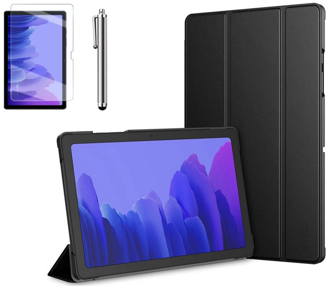 갤럭시탭A7 10.4 호환 슬림 북커버 스탠드 케이스+액정보호필름+터치펜 SM-T500N T505N 케이스나라, 블랙, 1개