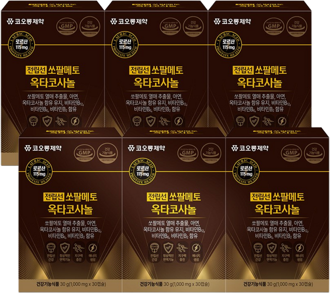 코오롱제약 전립선 초임계 쏘팔메토 최대함량 옥타코사놀 로르산 6박스, 30정, 6개