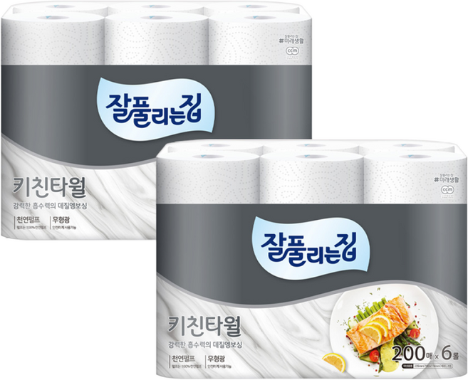 잘풀리는집 키친타올 200매 6롤 2팩, 12개