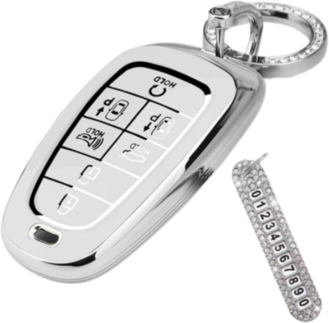 키에티 현대호환 스타리아 팰리세이드 7버튼 TPU 엣지 키케이스 B타입 + 큐빅번호판, 실버_화이트