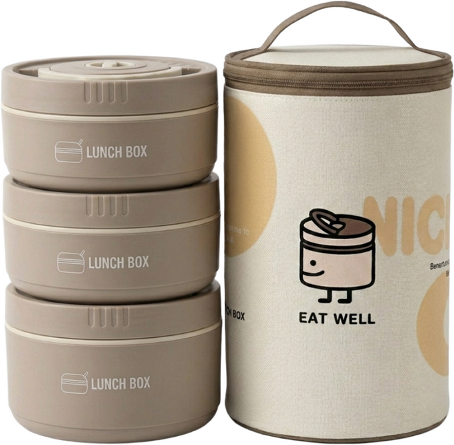 보온 도시락 런치 박스 가방 포함 분리 가능 세트, 1세트, 밀크브라운 3단
