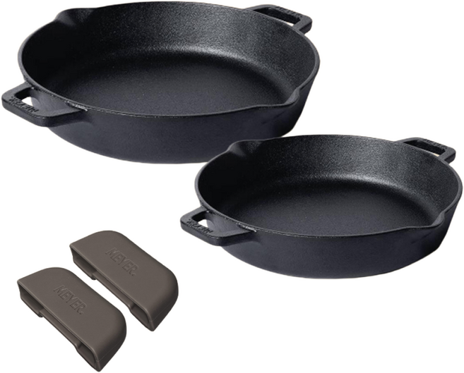 마이어 프리시즈닝 무쇠주물 양손 프라이팬 3종 세트 (22cm + 26cm+ 양손 실리콘 핸들), 1개