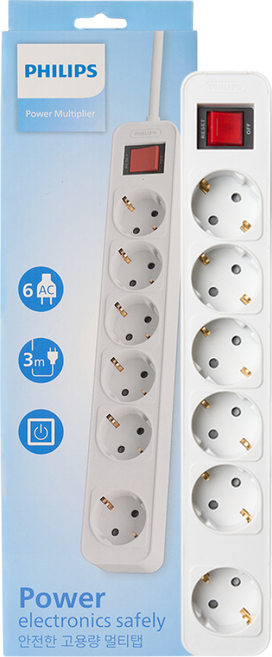 필립스 고용량멀티탭 4000W 워크탭 과부하차단, 3m, 올화이트 6구, 1개, 올화이트 6구 CHP2164WB