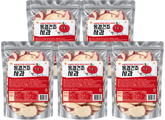 [지퍼백] 프리미엄 동결건조 과일칩 사과칩, 5개, 100g