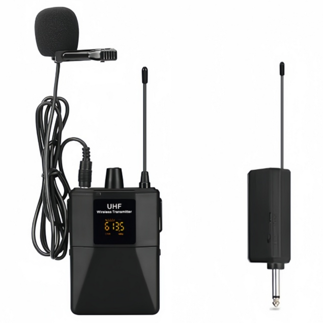 Fowod UHF U단 주파수 조절 무선 넥클립 마이크무선 송신기 + 수신기 마이크 세트 하이파이 U단 FM 마이크, 블랙