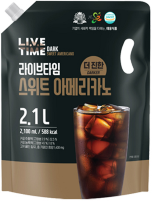 [태웅식품본사] 라이브타임 더진한 스위트아메리카노 '카페에서 마시던 달콤한 더진한 아이스커피' '가성비커피 끝판왕 대용량 홈카페 음료' '더진한 커피에 부드러운 단맛을 더하다', 2.1L, 1개