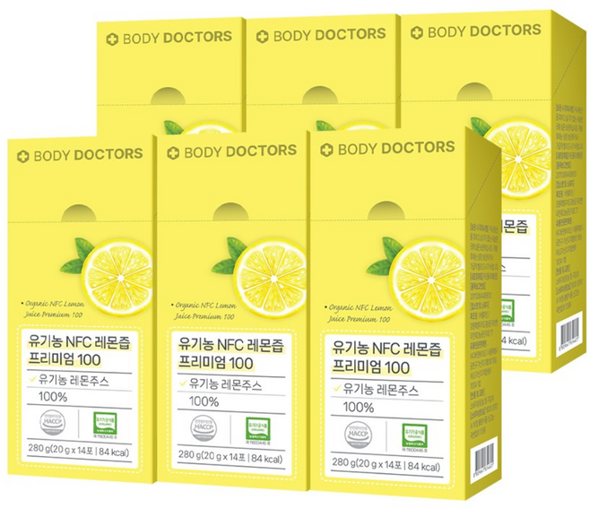 [공식] 바디닥터스 유기농 100% NFC 레몬즙 프리미엄 100 레몬수 레몬물스틱, 280g, 6개