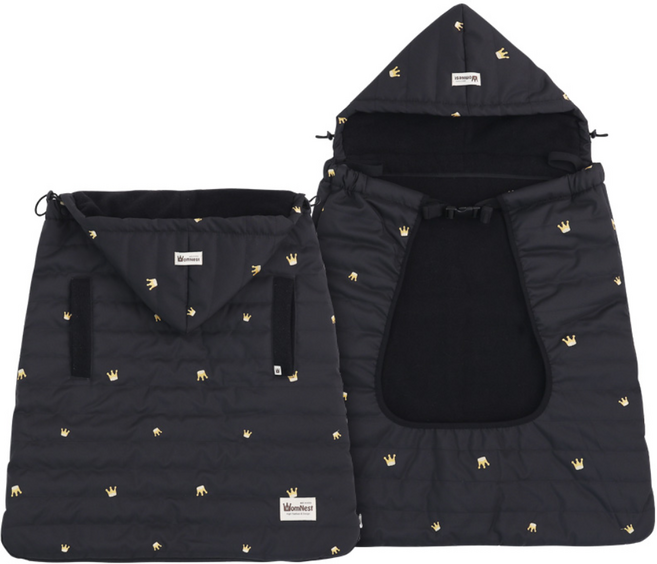 맘네스트 겨울 방한 패딩 아기띠워머 생활방수 후드 바람막이 커버 유모차 풋머프 KC인증, {"워머-방한":"블랙크라운(자수)"}